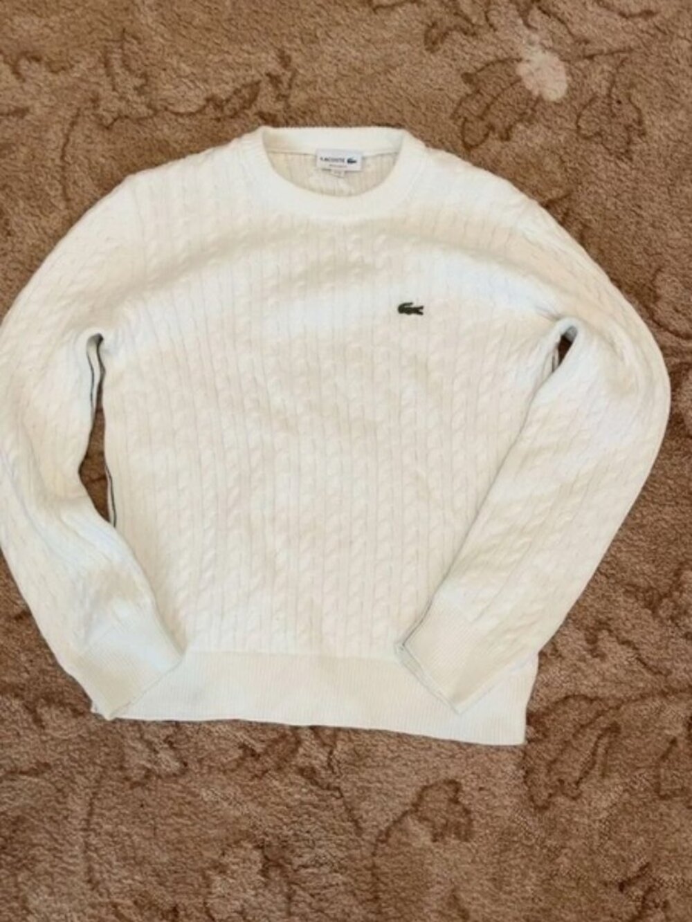 Lacoste Men’s White Cable Knit Crewneck Sweater Regular Fit Size M